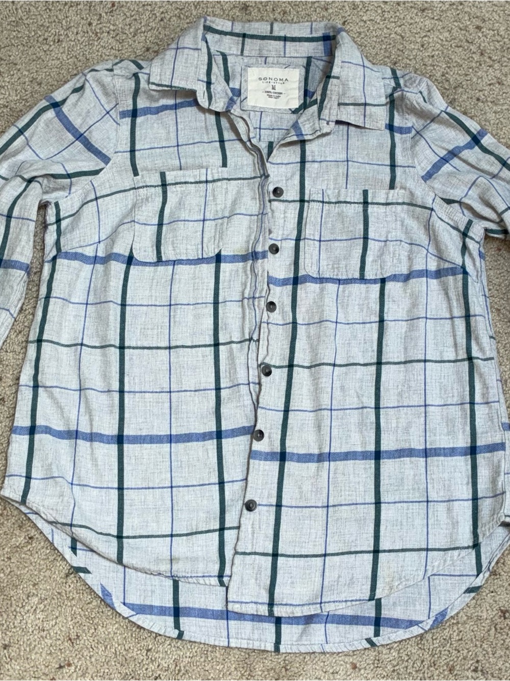 Sonoma Gray Button-Down Shirt with Blue and Green Plaid